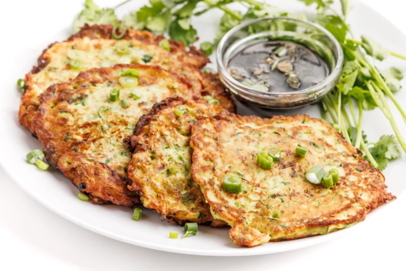 Zucchini Scallion Pancakes with Sweet Soy Dipping Sauce by Liz Della Croce - FoodSocial