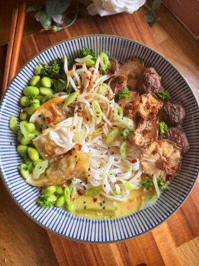 Nourishing ramen with crispy shiitake mushrooms