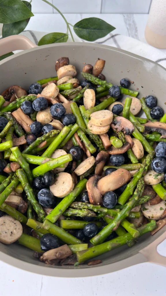 Miso Mushroom, Asparagus, and Blueberry Skillet with Chicken Sausage by hollysbestlife - FoodSocial