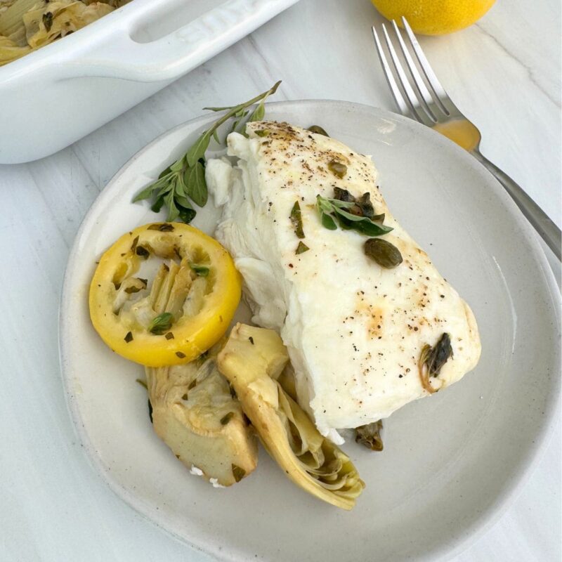 Roasted Halibut With Artichokes And Lemon by A Sweet Thyme | Gwen Wolken - FoodSocial