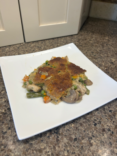 chicken pot pie casserole + cheddar biscuits