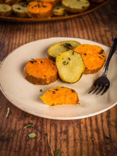 Herb Roasted Sliced Sweet and Russet Potatoes