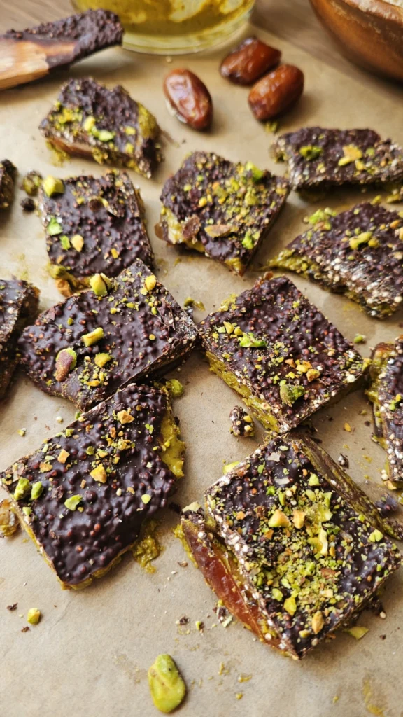 Chocolate Pistachio Date Bark by Debbie Kotchey - FoodSocial