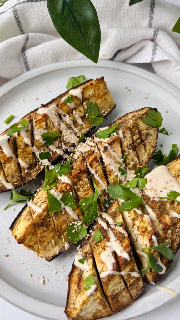 Middle Eastern Roasted Eggplant with Miso Tahini Yogurt Sauce by hollysbestlife - FoodSocial