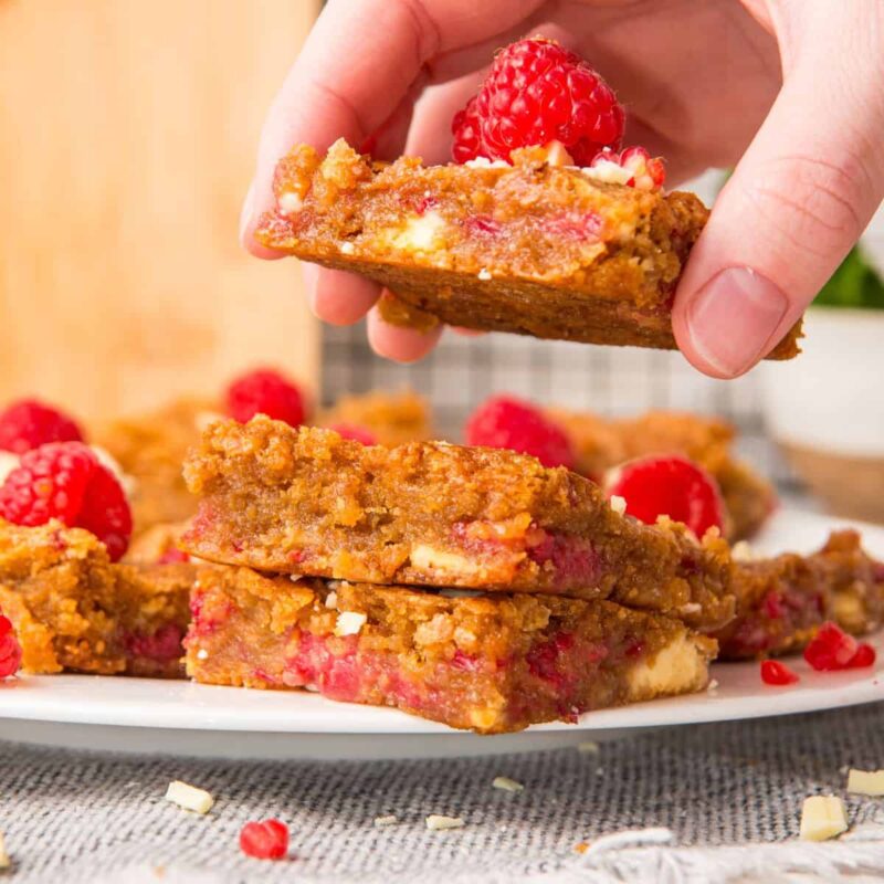 Raspberry White Chocolate Blondies by A Sweet Thyme | Gwen Wolken - FoodSocial