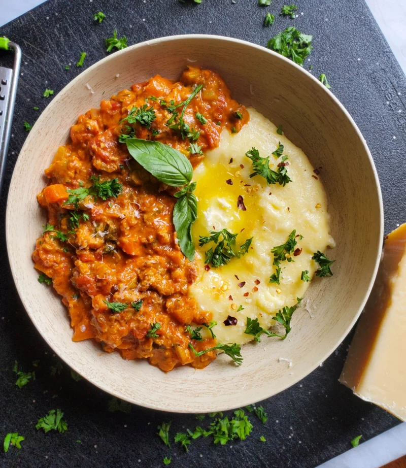 Spicy Sausage Bolognese Over Polenta by the_happy_veg - FoodSocial