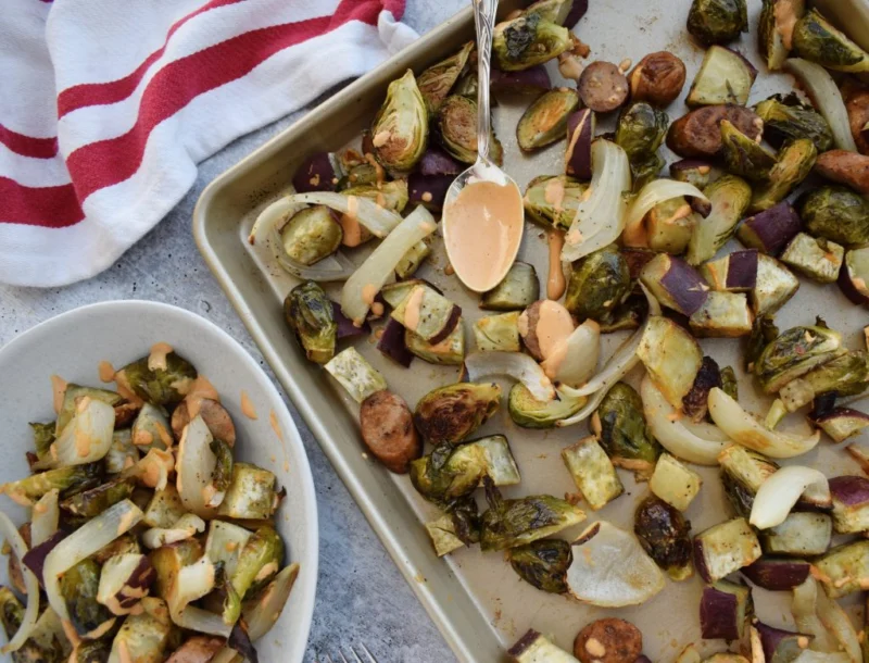 Sheet Pan Veggies &amp; Chicken Sausage with Harissa Tahini by Goodness With G - FoodSocial