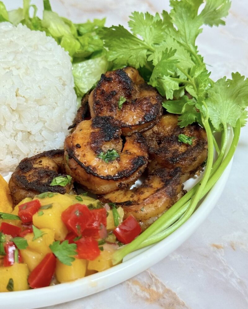 Blackened Shrimp with Mango Salsa (Camarones a la Parilla con Salsa de Mango) by Made With Sazon - F