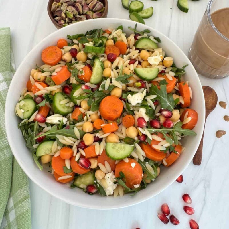 Chickpea Orzo Salad with Roasted Carrots & Tahini Dressing by A Sweet Thyme | Gwen Wolken - FoodSoci