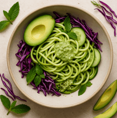 Chilled Zucchini Noodle Salad with Avocado-Miso Dressing