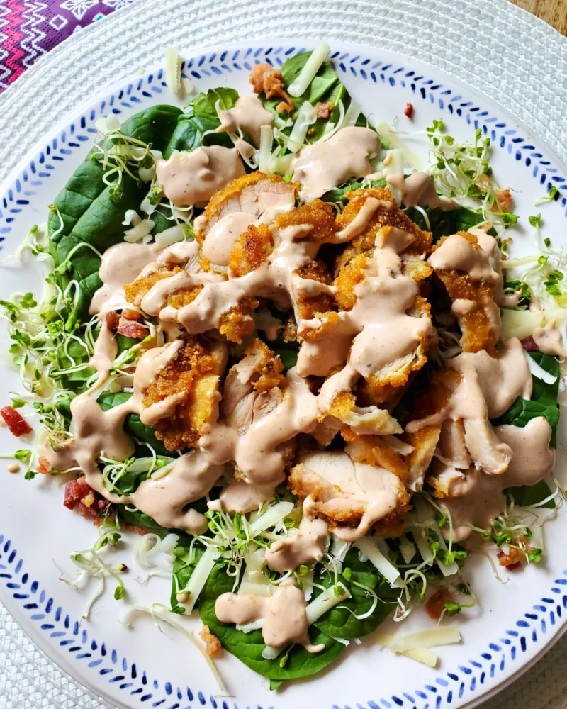 Low Carb Crispy Chicken Spinach Salad With BBQ Dressing by Debbie Kotchey - FoodSocial