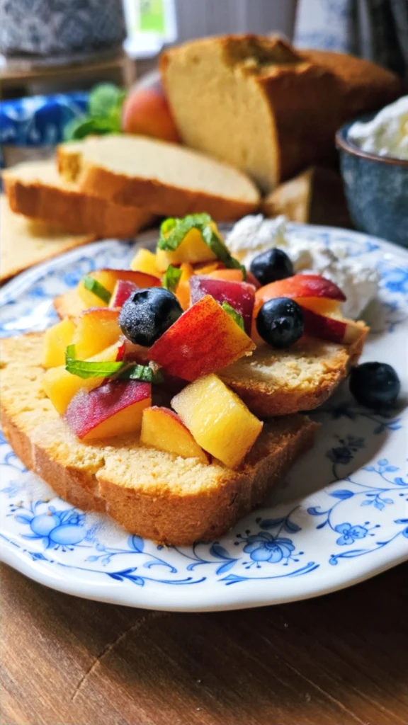 Pound Cake with Peaches, Blueberries &amp; Basil – Gluten Free, Low Carb by Debbie Kotchey - FoodSocial