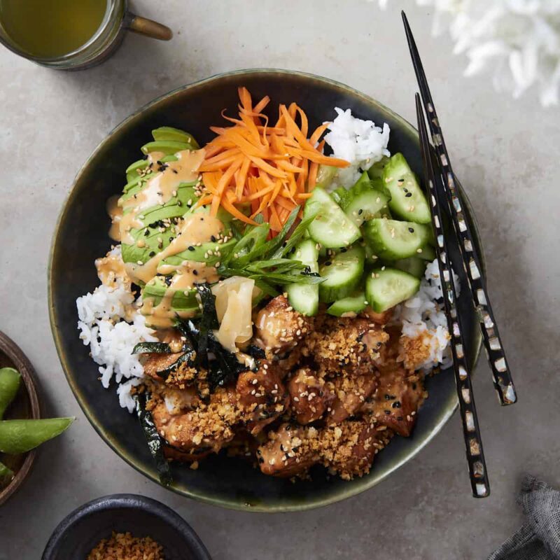 Spicy Salmon Sushi Bowls (w/ Crunchy Topping!) by thevirtualcaterer - FoodSocial
