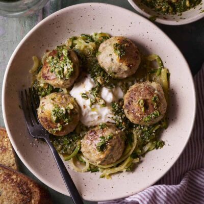 Chicken Chimichurri Meatballs over Zoodles with Burrata