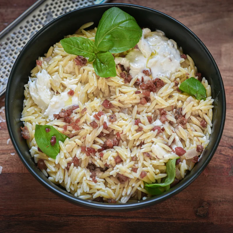 Creamy Parmesan Orzo with Burrata and Crispy Pancetta by cabincravings - FoodSocial