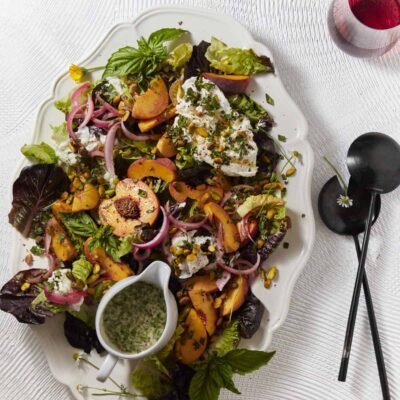 Peach and Burrata Salad with Honey Basil Dressing