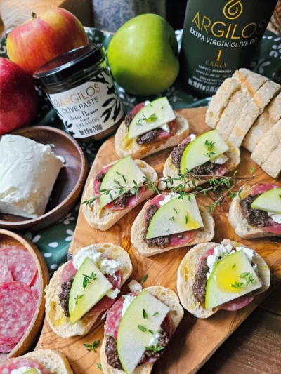 Apple & Black Olive Paste Crostini with Soppressata & Goat Cheese