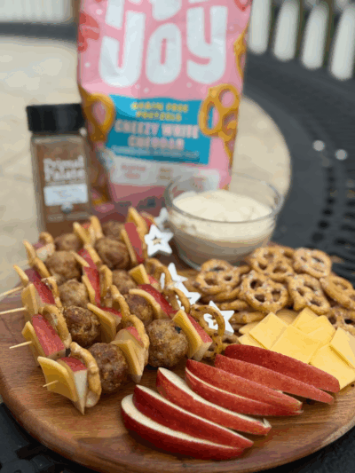 apple cheddar pretzel meatball skewers