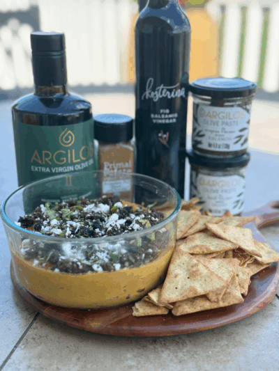 pumpkin feta hummus + fig balsamic olive tapenade