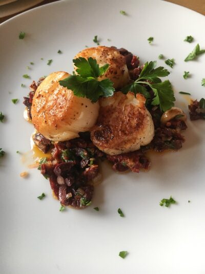 Seared Sea Scallops with Garlic Olive Compote