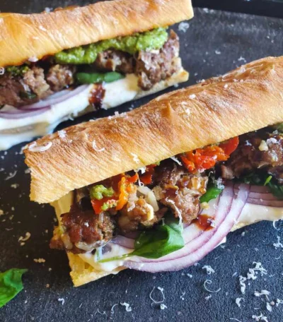 Smashed Meatball Ciabattas with Whipped Ricotta & Pesto