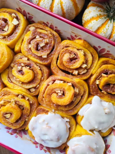 Sourdough Pumpkin Apple Pie Cinnamon Rolls with Maple Frosting