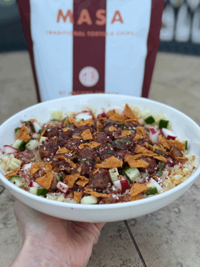 spicy sticky meatball crunch bowls