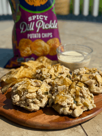 spicy dill pickle chicken salad & scallion waffles