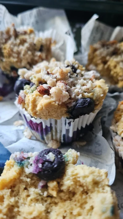 Blueberry Muffins with Sprouted Almond Crumb Topping (GF)
