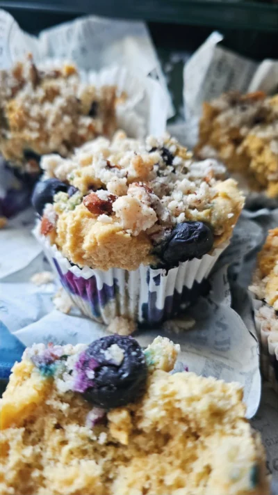 Blueberry Muffins with Sprouted Almond Crumb Topping (GF)