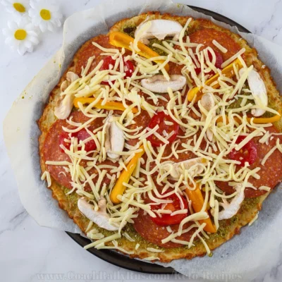 Pepperoni Pizza with Pesto Sauce (Gluten Free, Sugar Free, Keto)