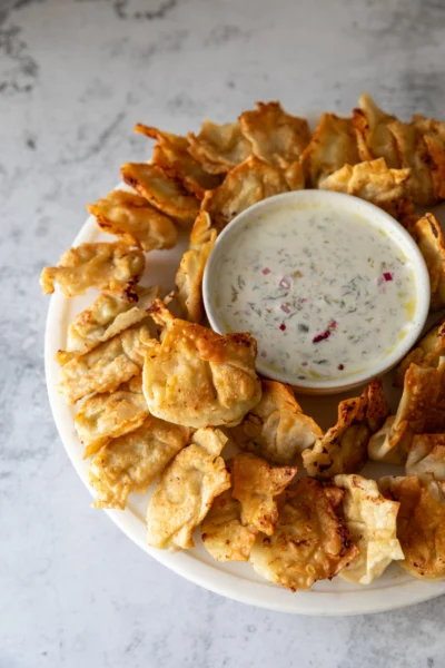 Avocado & Shrimp Wonton Bites with Dill Dip