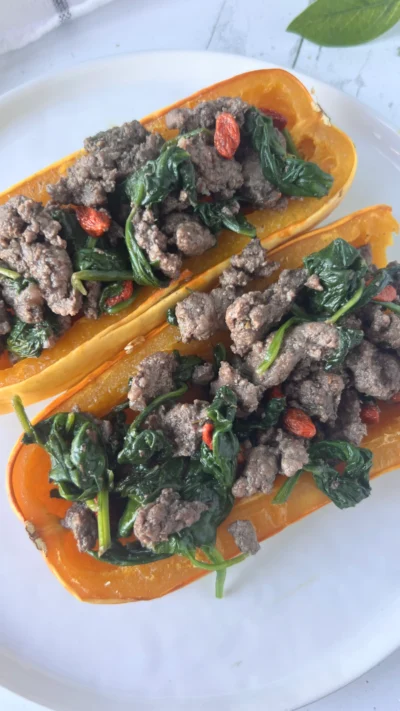 Stuffed Delicata Squash with Venison, Goji Berries & Spinach