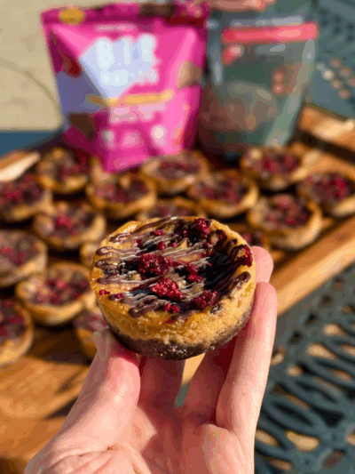 chocolate cherry crumble protein cheesecake bites