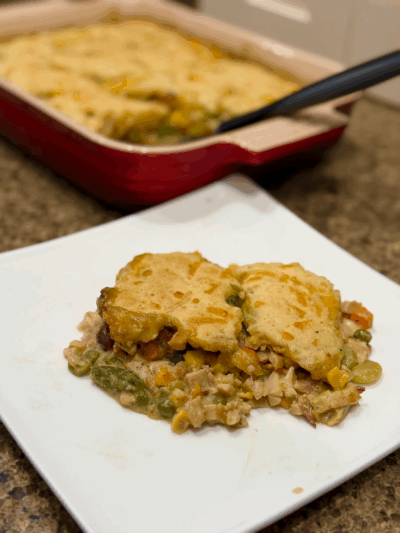 chicken pot pie casserole + cheddar biscuits