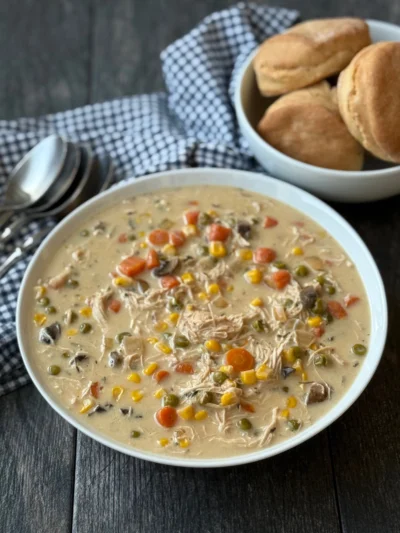 Chicken Pot Pie Soup with Sourdough Buttermilk Biscuits