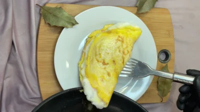 An unusual yet simple breakfast with three eggs.