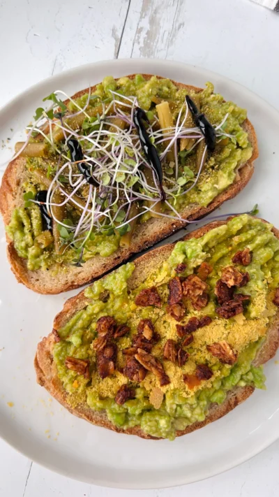 Bone Broth Avocado Toast with homemade Coconut Bacon