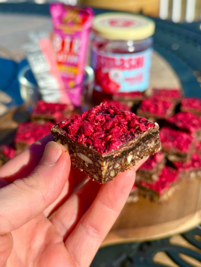 salted chocolate covered raspberry protein keto granola toffee bark