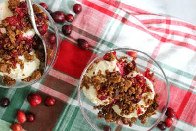 Warm Cranberry Compote Sundae with a Hazelnut Biscuit Crumble