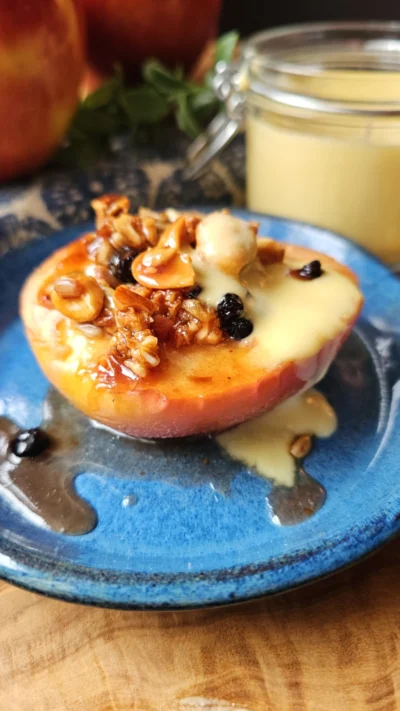 Warm Baked Apples with Blueberry Granola & Creamy Cornmilk Vanilla Custard