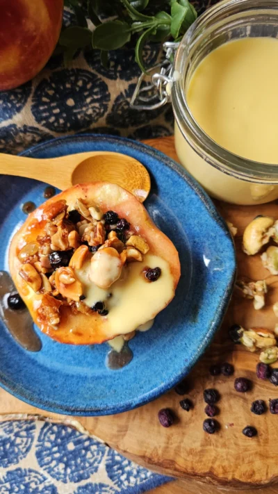 Baked Blueberry Granola Apples with Cornmilk Vanilla Custard Sauce