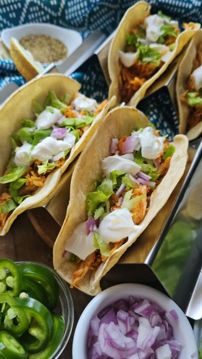 Shredded Adobo Chicken Tacos With Lemon Crema