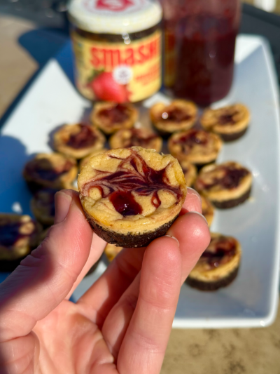 strawberry swirl cheesecake protein brownie bites
