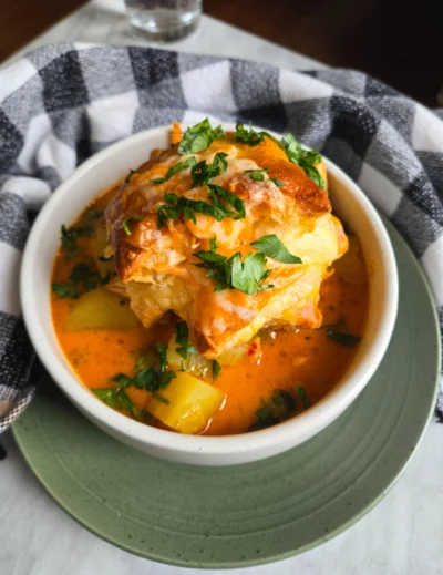 Sausage & Tater Soup with Cheesy Puff Pastry