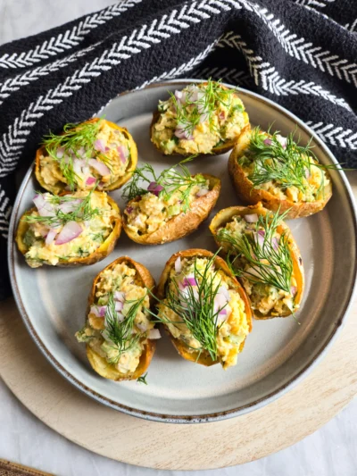 Smashed Chickpea “Tuna” Salad Tater Skins