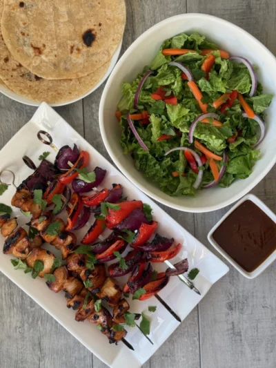 Grilled Chicken Skewers with Peanut Dipping Sauce & Salad