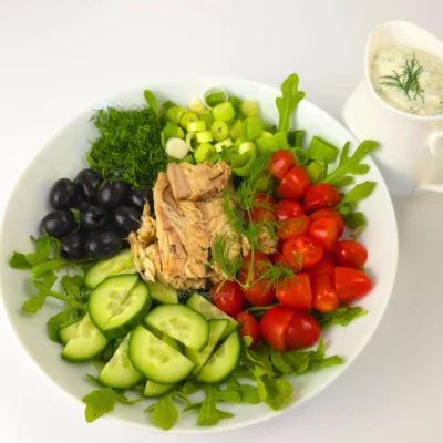 Canned Mackerel Salad with Cottage Cheese Dressing