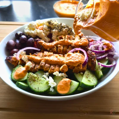 Greek Chicken Salad Bowl with Red Cottage Cheese Dressing