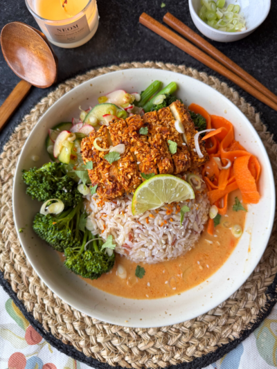 Thai Coconut Curry Broth Bowl with Coconut-Chilli Crispy Tofu & Sesame Pickles